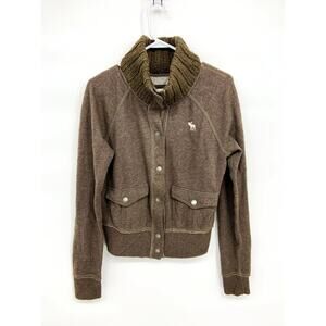 Abercrombie & Fitch Cropped Collared Brown Sweatshirt Jacket Pockets Size L